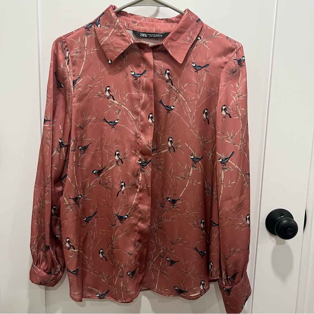 Zara Dusty Rose Bird-Print Long-Sleeve Blouse